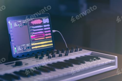 Preview: Musical keyboard and tablet in a dark room, music production.
