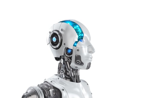 Preview: Robot head with graphic brain engine inside on white background with clipping path, 3D illustrations