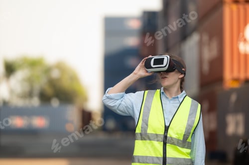 Preview: Woman wearing virtual reality headset or 3d glasses to control work in a container warehouse.