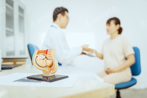 Preview: Male Asian pediatrician in a white lab coat sits at desk, greeting a middle-aged pregnant woman