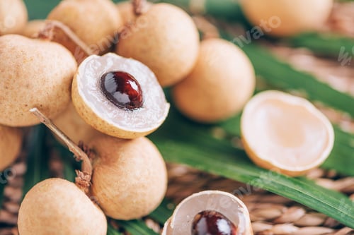 Preview: Longan fruits over palm leaves on rattan background. Copy space. Dimocarpus longan. Bunch of exotic