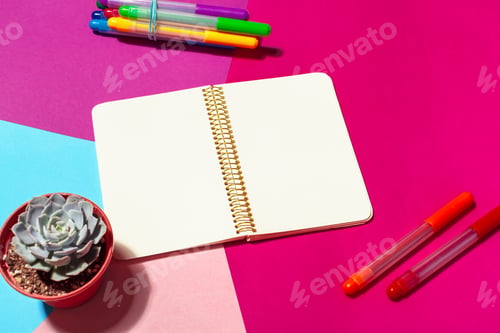 Preview: Colorful stationery setup with a blank notebook and succulents on a vibrant background