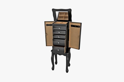 Preview: Black wooden cabinet with drawers, doors, and accessory compartments