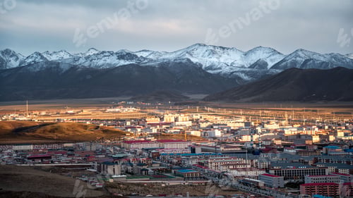 Preview: Tibetan Buddhist temple nestled in the snow-covered mountains of Qinghai Province, China.