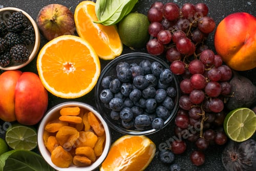 Preview: Assortment of fresh exotic fruits and berries on concrete table, flat lay