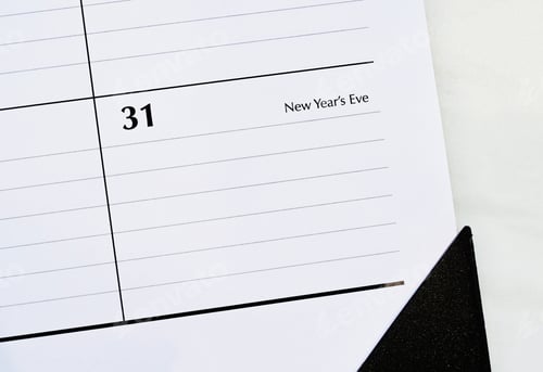 Preview: Overhead view of New Years Eve on a desktop calendar