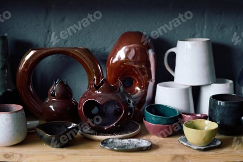 Preview: Glazed Earthenware On Wooden Table