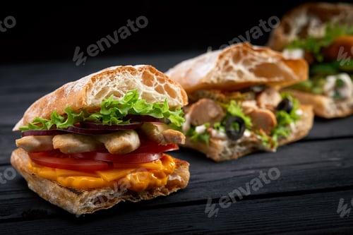 Preview: Closeup three different Appetizing sandwiches or burgers on wooden background