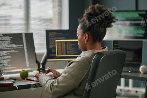 Preview: Young Adult Black Woman Working on Computer in Modern Office Environment
