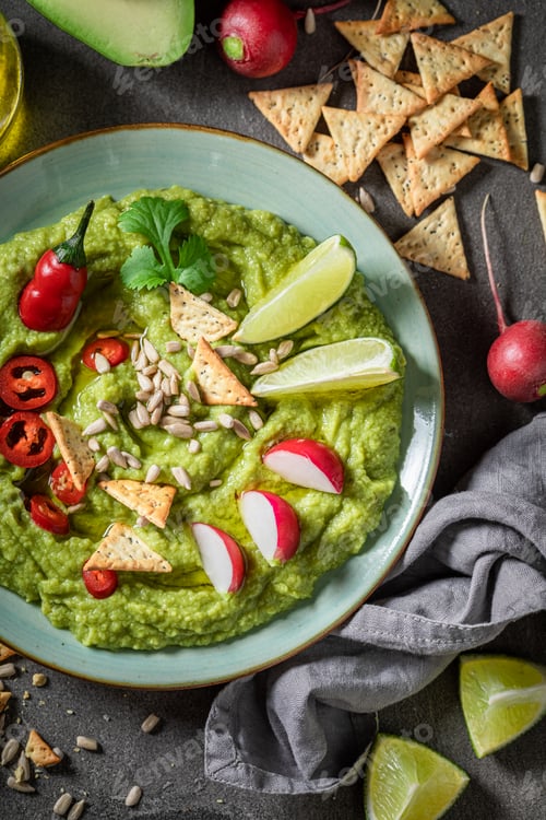 Preview: Fresh guacamole served with crackers, coriander and sunflower seeds
