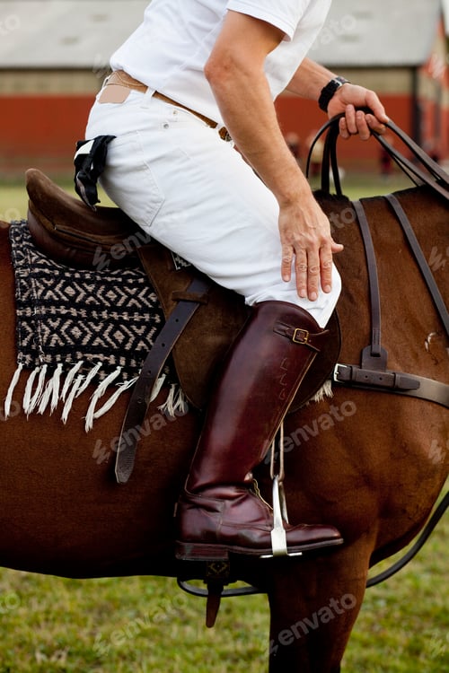 Preview: Low section side view of jockey riding horse on field