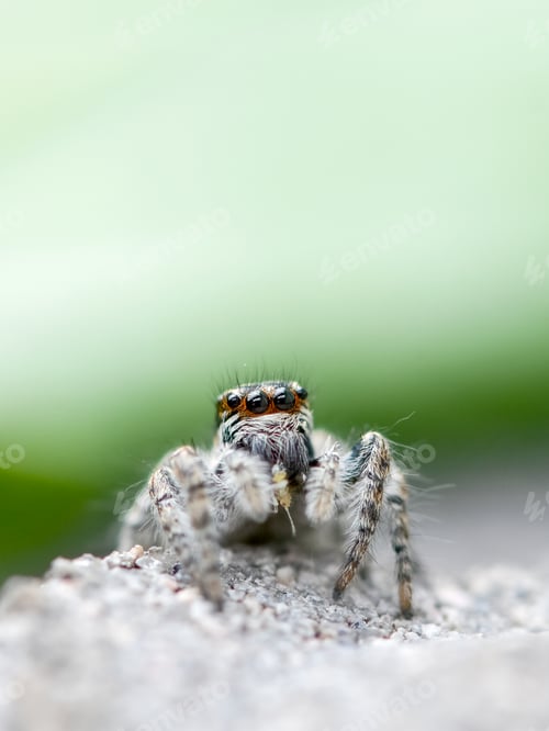 Preview: Jumping spider with caught prey on a green background
