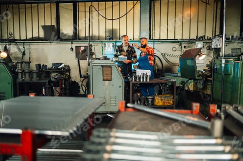Preview: Wide shot of two metal turners looking at a metal piece by a lathe machine.