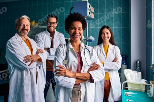 Preview: Portrait of an African-American female surgeon with her team of doctors at the hospital.
