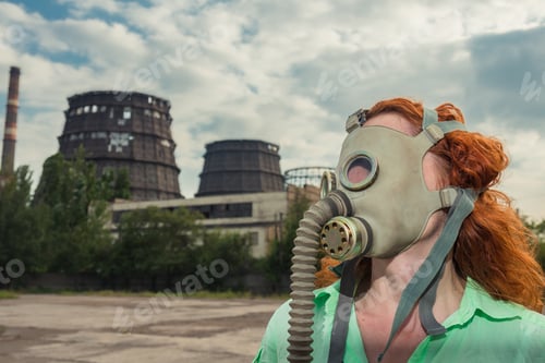 Preview: Global Warming. A Girl In A Gas Mask On The Background Of A Factory