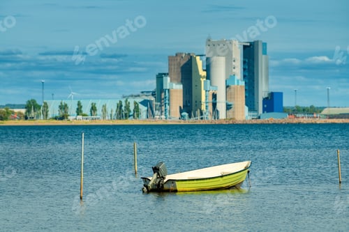 Preview: Moored empty fishing boat with motor at Kattegat sea in Halmstad, Sweden.
