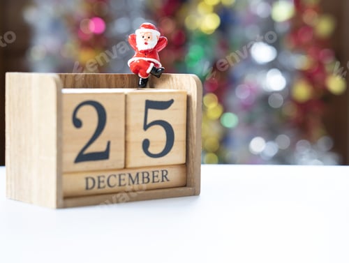 Visualização: Papai Noel sentado em um quarteirão de 25 de dezembro, em antecipação ao festival de diversão e felicidade.