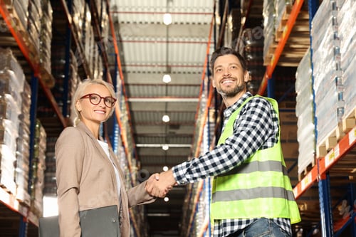 Preview: Happy manager shaking hands with worker in warehouse