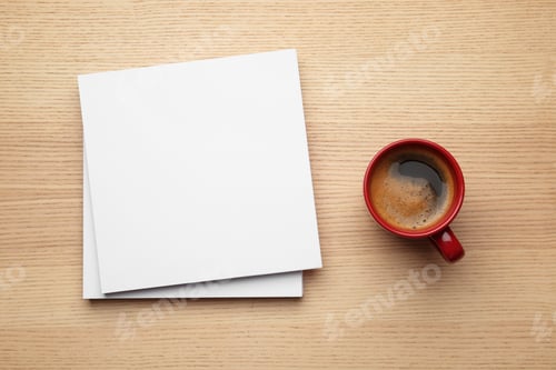 Preview: Blank paper sheets for brochure and cup of coffee on wooden background, flat lay. Mock up