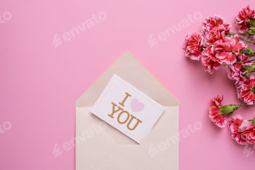 Preview: Postcard I love you with pink flowers on a pink background