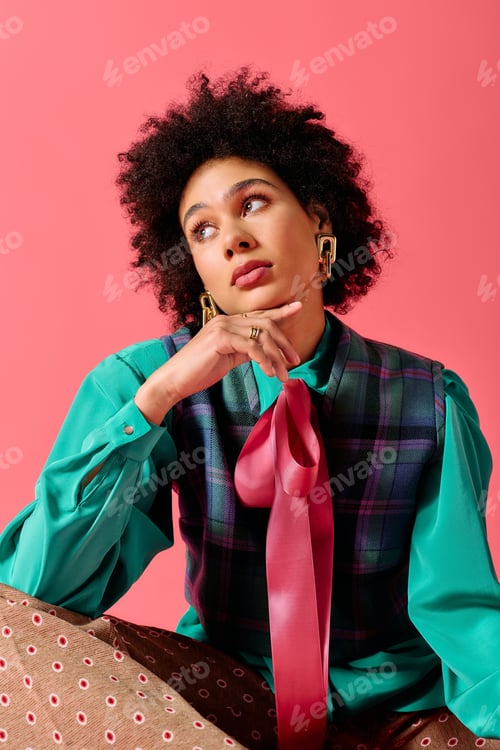 Preview: Young beautiful woman in vibrant fashion poses against a pink backdrop with elegance