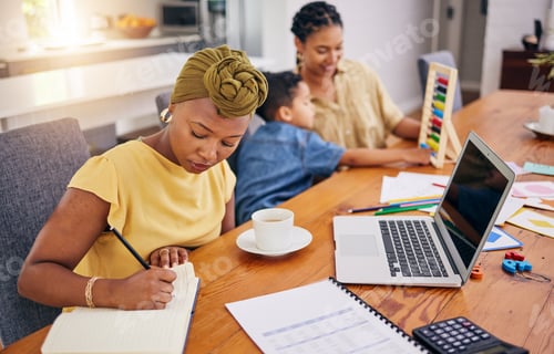 Preview: Remote work, lesbian couple and black woman with kid in home for learning math. African freelancer,