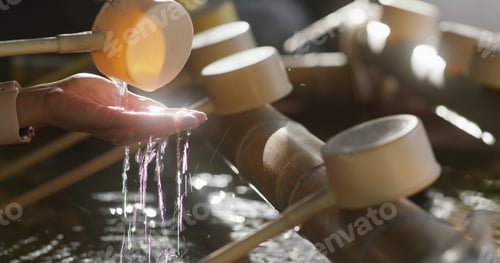 Preview: Woman wash hand before enter the japanese temple