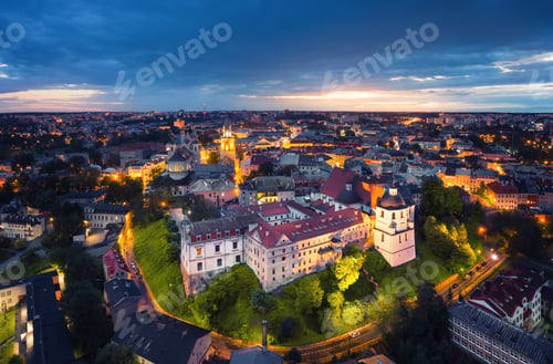 Preview: Lublin, Poland. Aerial view of Old Town at dusk