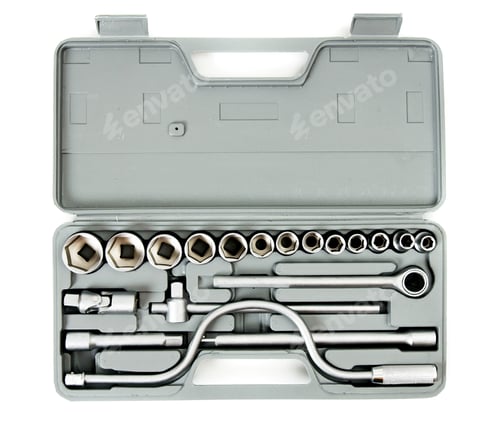 Preview: Metalwork. Box with wrenches on white background.