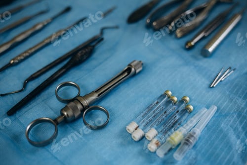Preview: Photo of a set of steril dentistry tools or instruments lying on a light blue table