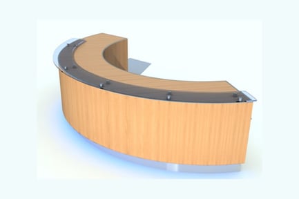 Preview: Curved wooden reception desk with metal-framed panels