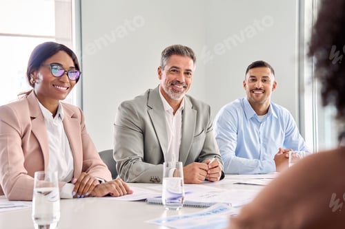 Preview: Happy diverse executive business people working together at meeting in office.