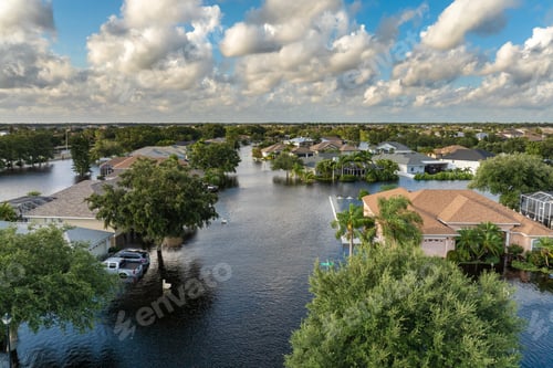 Preview: Hurricane flooded homes in residential community in Florida, USA. Aftermath of natural disaster