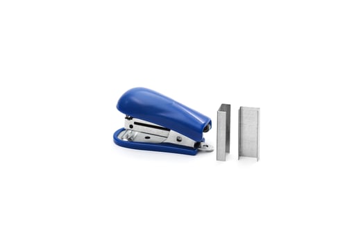 Preview: Blue office stapler with metal brackets are isolated on white background