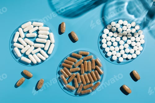 Vista previa: Various vitamins, tablets and dietary supplements on a blue background. Medicine