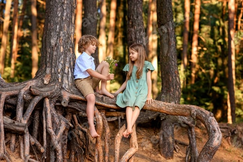 Preview: a little handsome boy in a white shirt, shorts and suspenders and a girl near a large tree with big