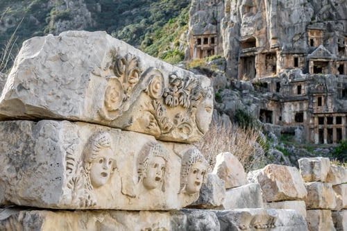 Preview: Bas-relief with faces near to theatre in Myra ancient city.