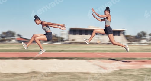 Preview: Time lapse, long jump and woman running, jumping and cross in sand pit for fitness, training and ex