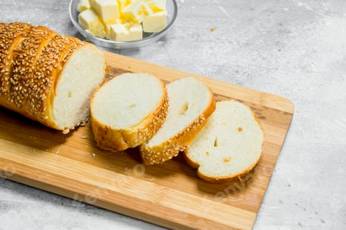 Preview: Sliced Sesame Bread and Butter on Cutting Board