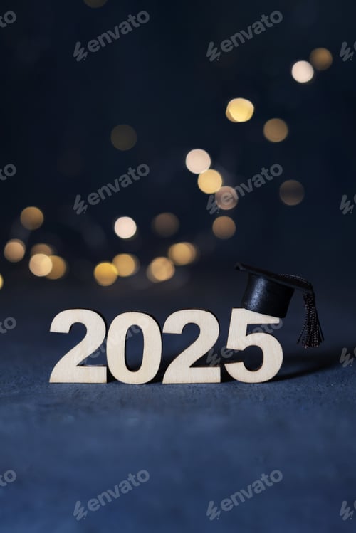 Preview: Graduation cap on wooden number 2025 on dark background with bokeh. Class of 2025 concept.