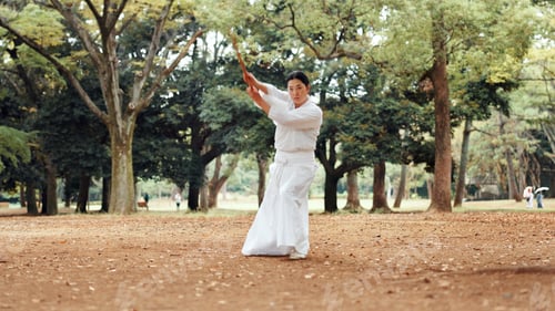 Preview: Woman, fitness or sword in nature for martial arts, demonstration or training tradition in Kyoto. J