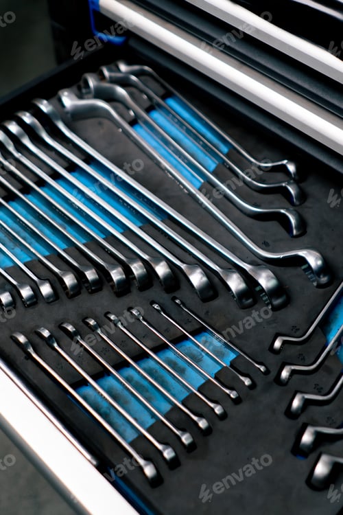 Preview: close-up of service station special table with drawers containing tools for the car