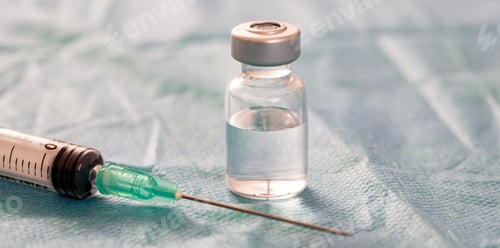Preview: Vaccine vial dose and syringe against pale blue background