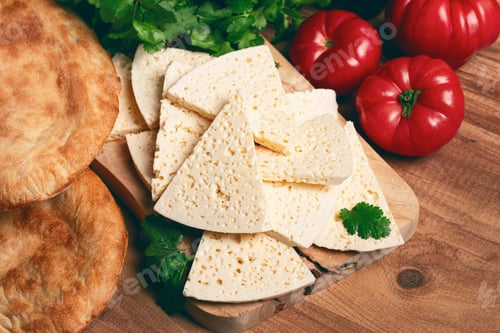 Preview: Georgian sliced cheese,on a wooden chopping board, with tomatoes with herbs and lavash,