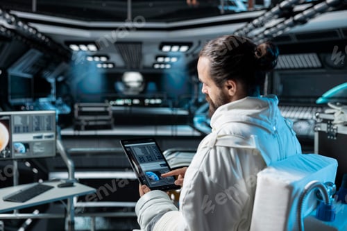 Preview: Scientist in spaceship analyzing mission logs on device while doing research