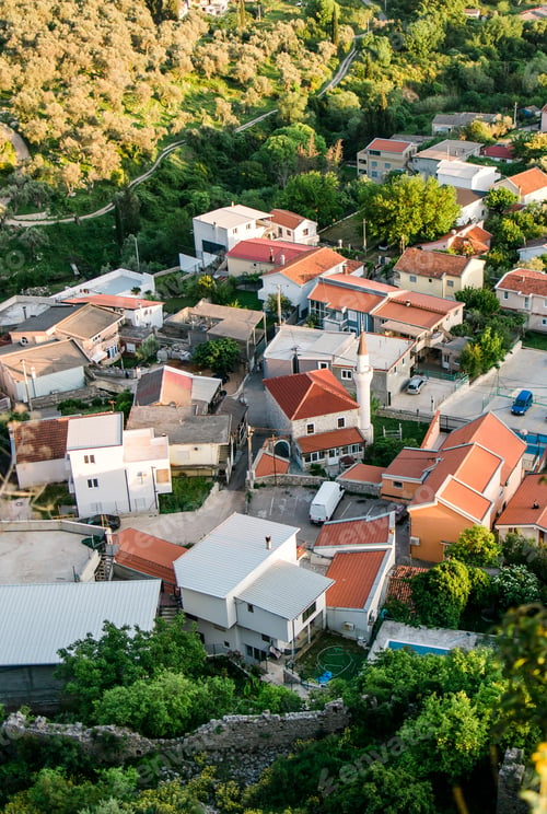 Preview: Top view Aerial view of Muslim neighborhood with mosque in city of Bar in Montenegro