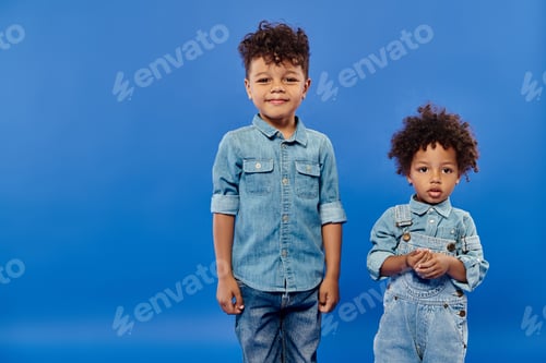 Preview: happy african american preschooler boy in denim clothes hugging toddler brother on blue, banner