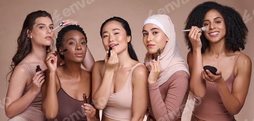 Preview: Beauty, diversity and cosmetics with makeup and women in portrait for cosmetic product advertising,