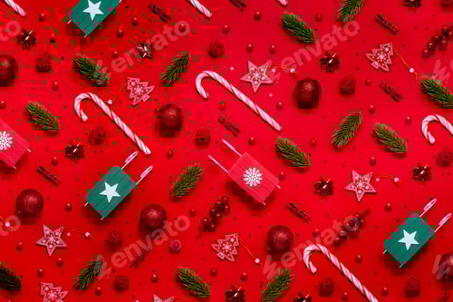 Preview: Festive new year pattern made of Christmas and new year decorations. Abstract holiday background