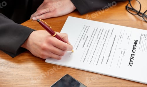 Preview: DIVORCE DECREE. Woman sign the paper. Lawyer, notary office, close up above view